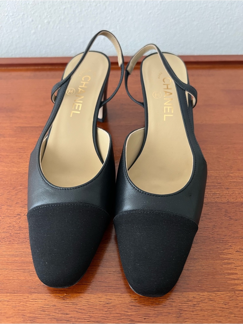 CHANEL Black Leather and Fabric Slingback Heels